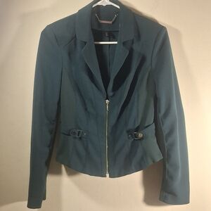 White House Black Market Women's Green Cropped Moto Zipper Blazer Size 2